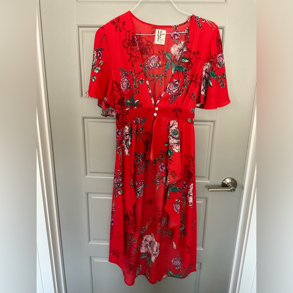 Asymmetrical Long Tunic. Bright Red. Floral Top.